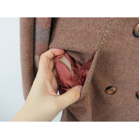 Vintage Union Made Wool Pea Coat Brown Knee Length Plaid Scarf 80's VTG - Picture 12 of 12